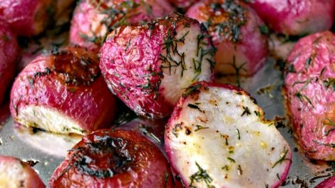 Roasting radishes changes their flavor completely! If you haven't roasted radishes, then try these Dill Roasted Radishes for a different #Easter side dish. #EasterRecipes