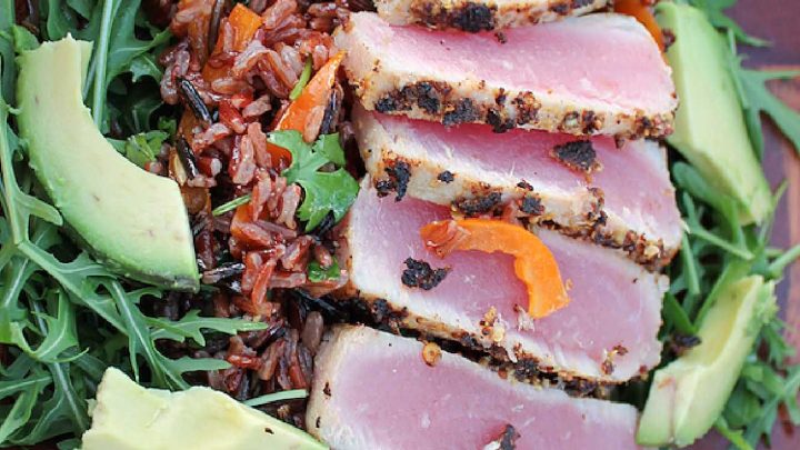 Easy, healthy rice salad made with red Camargue and wild rice, yellow peppers and avocado, topped with seared fresh tuna.