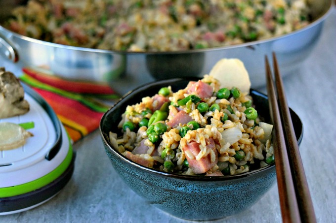 Ham and Pea Fried Rice is quick and easy. It's made even more quick and easy with the KitchenIQ Grate Ginger Tool! It grates ginger in minutes and slices in seconds. #worksmarter #sharpenyourkitcheniq