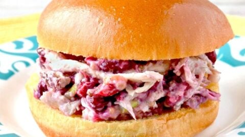 Roasted Cranberry Chicken Salad has the sweet tang of roasted cranberries combined with cranberry mustard, cranberry simple syrup, and hearty roasted chicken. Serve on brioche buns for lunch, spread on crostini for an appetizer, or spread on tortillas for roll ups.