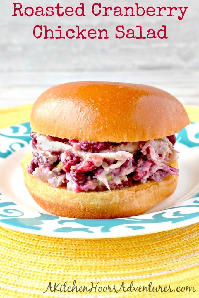 Roasted Cranberry Chicken Salad has the sweet tang of roasted cranberries combined with cranberry mustard, cranberry simple syrup, and hearty roasted chicken. Serve on brioche buns for lunch, spread on crostini for an appetizer, or spread on tortillas for roll ups.