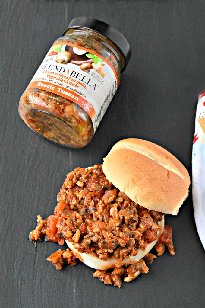 BLENDABELLA Rustic Tuscan Portobello blend combined with farmers market fresh ground chicken make for an amazingly quick and DE-licious weeknight dinner.  The complex flavors in these Tuscan Chicken Sloppy Joes can be serve for any night of the week.  They’re great on buns for your family or on top of lettuce for guest worthy appetizers.