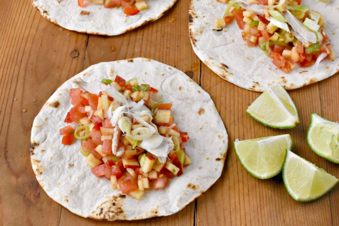 Sweet and spicy apple salsa is the star in these Cheddar Chicken Tacos with Apple Salsa.  You can grill chicken or use leftover roasted chicken for the tacos but make sure you get a SHARP Cheddar cheese to complement the sweet and spicy salsa. #AppleWeek