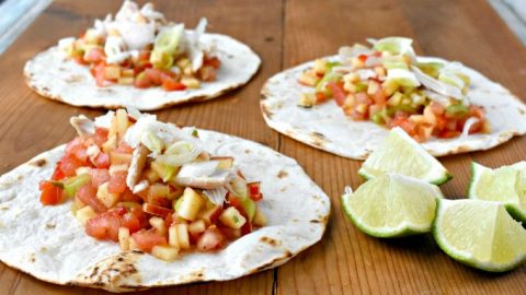 Sweet and spicy apple salsa is the star in these Cheddar Chicken Tacos with Apple Salsa.  You can grill chicken or use leftover roasted chicken for the tacos but make sure you get a SHARP Cheddar cheese to complement the sweet and spicy salsa. #AppleWeek