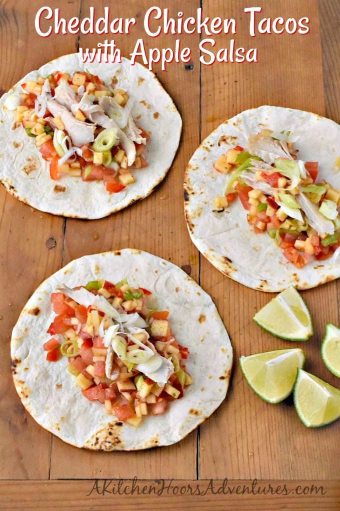 Sweet and spicy apple salsa is the star in these Cheddar Chicken Tacos with Apple Salsa.  You can grill chicken or use leftover roasted chicken for the tacos but make sure you get a SHARP Cheddar cheese to complement the sweet and spicy salsa.