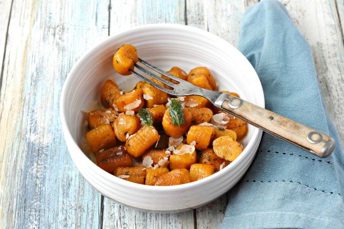 Pillows of pumpkin goodness make Pumpkin Gnocchi with Sage Butter Sauce a truly flavorful pasta dinner.  Add some sausage for a more hearty dinner for your family.