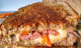 Kielbasa, onions, and peppers are melted with delicious Monterey Jack in this simple Saturday Kielbasa Grilled Cheese. Monterey Jack has a delicious sharpness that pairs well with the smoky sausage, sweet peppers, and red onions.