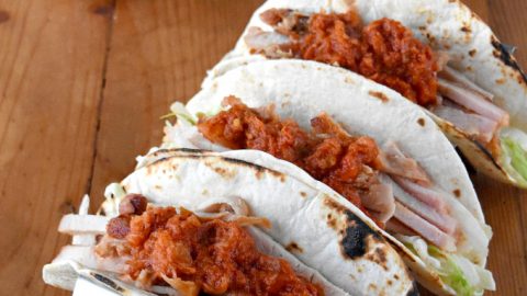 Applewood Bacon Loin Filet is spit roasted in the air fryer before slicing and serving in these Applewood Bacon al Pastor Style Tacos. They’re topped with a simple al pastor style sauce that makes them scrumptious!