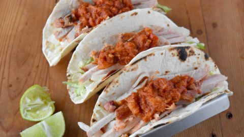 Applewood Bacon Loin Filet is spit roasted in the air fryer before slicing and serving in these Applewood Bacon al Pastor Style Tacos. They’re topped with a simple al pastor style sauce that makes them scrumptious!