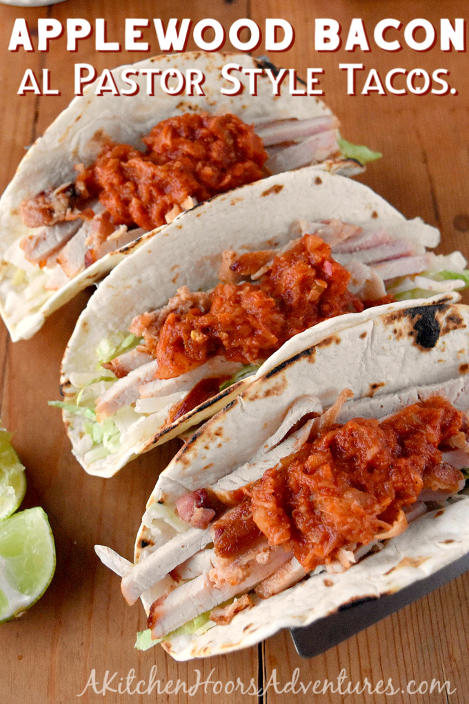 Applewood Bacon Loin Filet is spit roasted in the air fryer before slicing and serving in these Applewood Bacon al Pastor Style Tacos. They’re topped with a simple al pastor style sauce that makes them scrumptious!