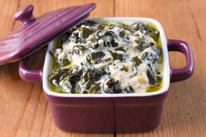 Creamed Collard Greens are just as delicious as their spinach counter parts. They come together quickly and taste rich and delicious! It’s a great way to get your family to eat their greens!