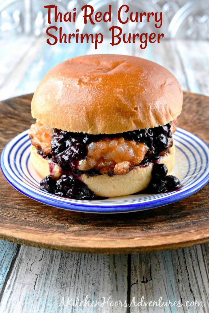 Thai Red Curry Shrimp Burger with Blueberry Chutney, as you can imagine, is packed with flavors!  From the red curry sauce, the coconut milk, and cayenne in the burger to the blueberry sweet and savory chutney on top.  It’s a packed mouthful of burger happiness. #BurgerMonth #GirlCarnivore