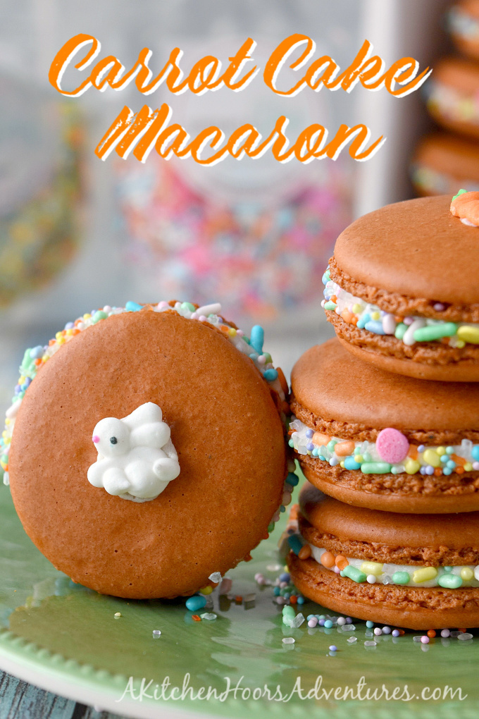 With carrot juice powder and spices in the shells, these Carrot Cake Macaron taste just like a carrot cake! The cream cheese buttercream filling helps bring the flavors home. The sprinkles are just because they're fun!