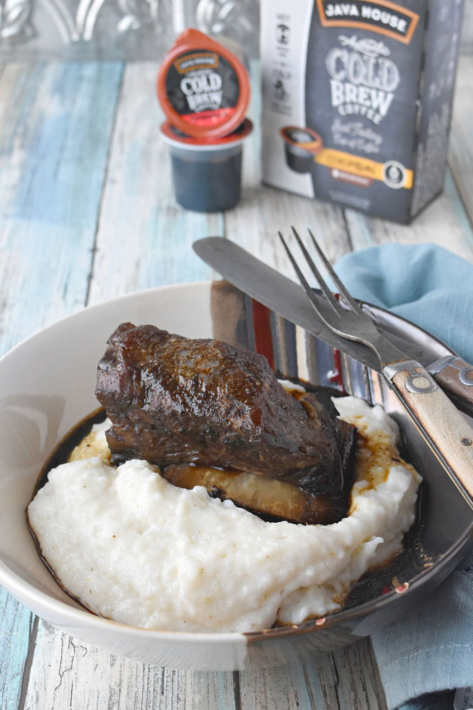 Braised using Java House Cold Brew liquid pods, these Coffee Braised Short Ribs can be made any time! The braising liquid is reduced into a fancy red-eye style gravy.  #javahouse #javahousecoldbrew