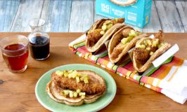 A twist on chicken and waffles, Hot Chicken and Pancake Tacos are spicy, sweet, and completely scrumptious! The pancake tacos are fluffy, slightly sweet, and made with Krusteaz Buttermilk Protein Pancake mix. #Krusteaz #ad
