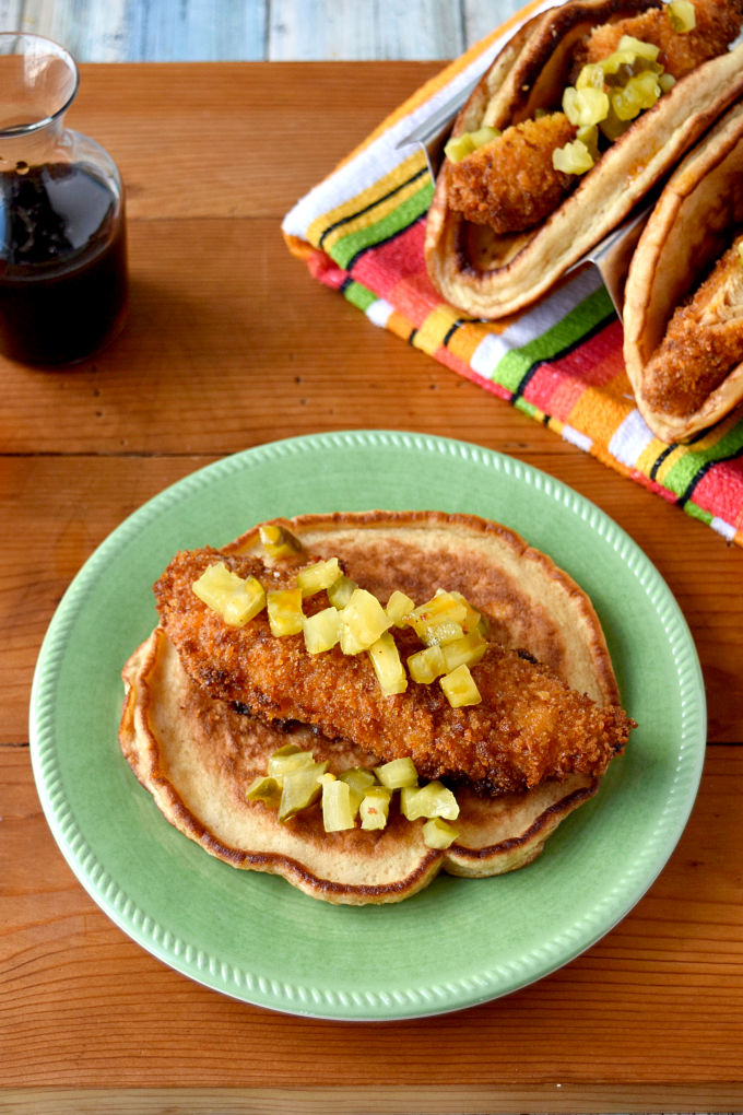 A twist on chicken and waffles, Hot Chicken and Pancake Tacos are spicy, sweet, and completely scrumptious! The pancake tacos are fluffy, slightly sweet, and made with Krusteaz Buttermilk Protein Pancake mix. #Krusteaz #ad