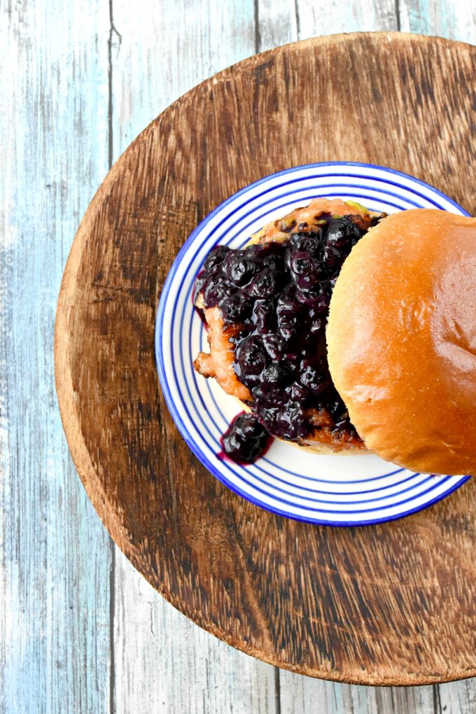 Thai Red Curry Shrimp Burger with Blueberry Chutney, as you can imagine, is packed with flavors! From the red curry sauce, the coconut milk, and cayenne in the burger to the blueberry sweet and savory chutney on top. It’s a packed mouthful of burger happiness.