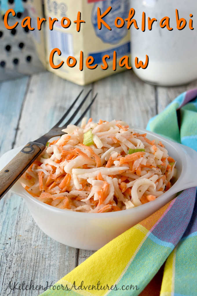 Swap out the cabbage in your slaw and try fresh and delicious kohlrabi.  Carrot Kohlrabi Coleslaw is super crunchy, has great flavor, and is the perfect twist on a southern classic picnic dish.