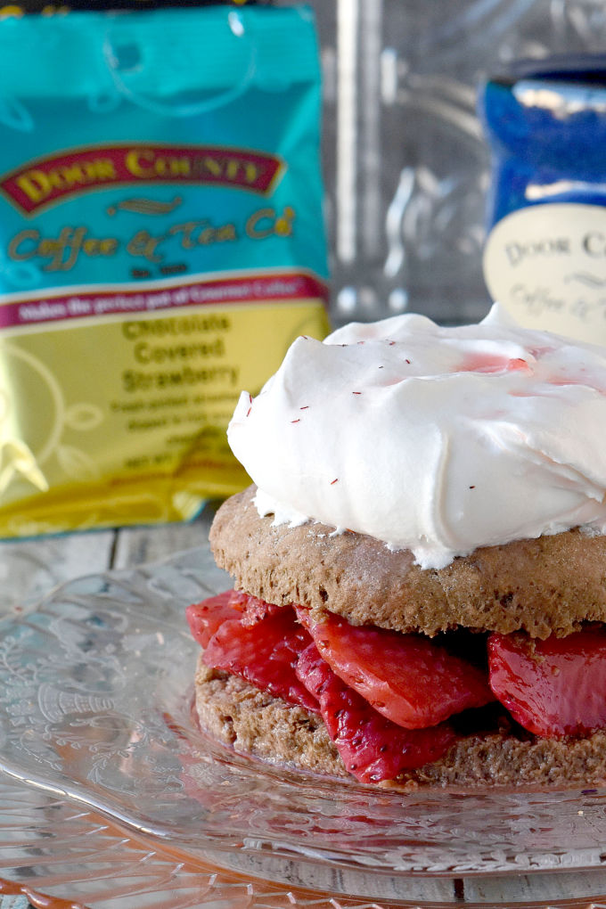 Chocolate Strawberry Shortcake is the perfect dessert to pair with Door County Chocolate Covered Strawberry coffee.  The chocolate shortcakes are tender and delicious topped with macerated strawberries and sweet whipped cream.  Summer on a plate! #ad #DoorCountyCoffee @DoorCountyCoffee @TasteofHome