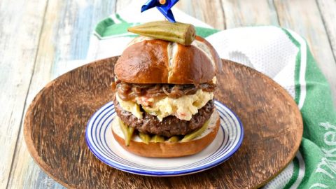 Kentucky Burger with Bourbon Onions and Pimento Beer Cheese is an homage to my family and childhood memories.  From the pimento cheese combined with beer cheese to the bourbon onions and pickled okra topping everything on this burger reminds me of home. #BurgerMonth