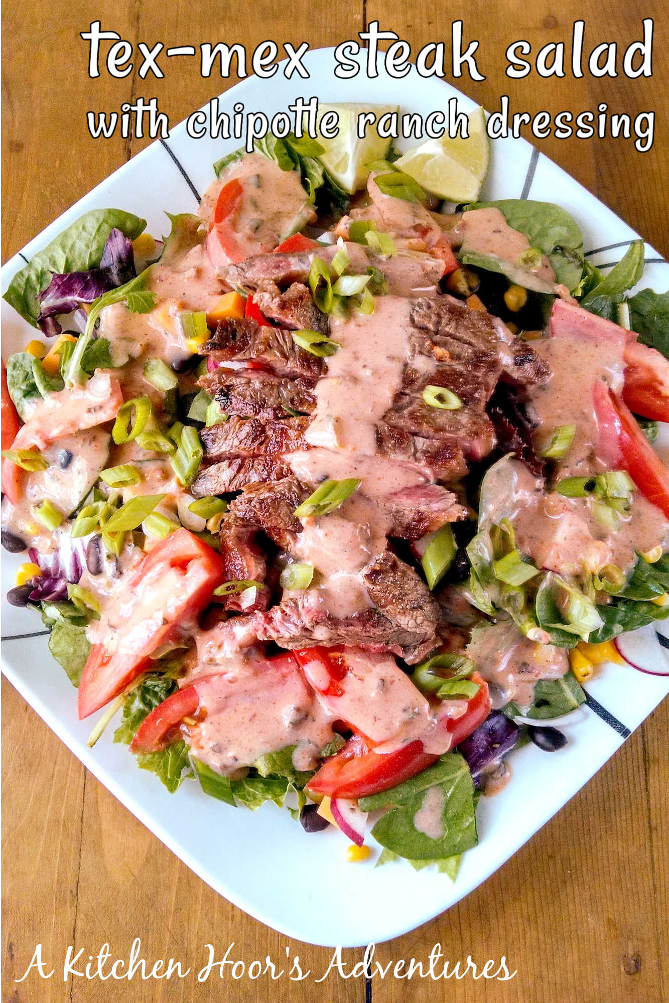 Treat yourself to a flavorful Tex-Mex Steak Salad drenched in our homemade Chipotle Ranch Dressing. Perfect for lunch or dinner, this dish is sure to hit the spot! #TexMexSteakSalad #SaladSzn #HealthyEating #FoodieFavs #CincoDeMayoEats  #ChipotleRanchDressing #HealthyEats #SaladInspiration #FoodieFaves