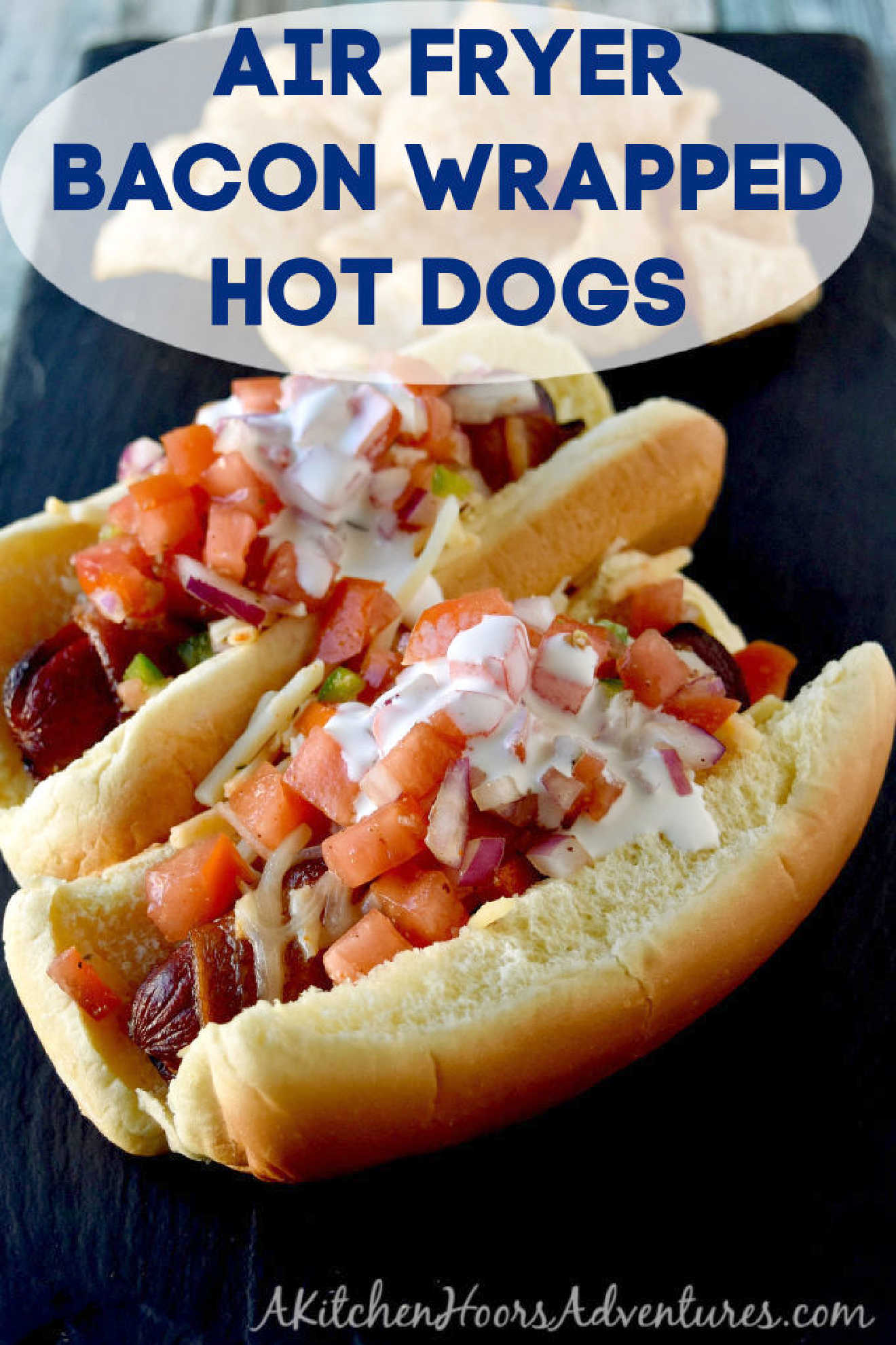 Air Fryer Bacon Wrapped Hot Dogs are simple to make and elevated with pico de gallo and crema toppings. The smoky and salty bacon complements the crisp and cool pico and rich crema. #OurFamilyTable