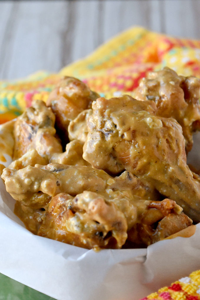 Going back to college with these Air Fryer Zebb's Wings.  With a mix of ranch, Buffalo sauce, and crumbled blue these, these wings are packed with flavors. #ChickenWingDay