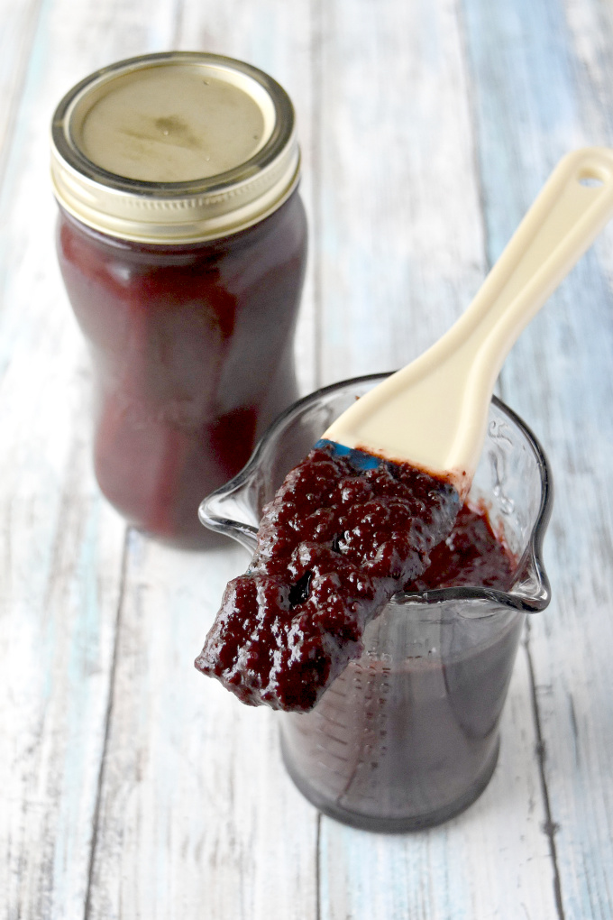 Bare Knuckle Bourbon Barbecue Sauce is rich and full of sweet blueberry and smoky bourbon flavor. It's my new favorite sauce for ribs, roasts, and chicken. #BlueberryWeek