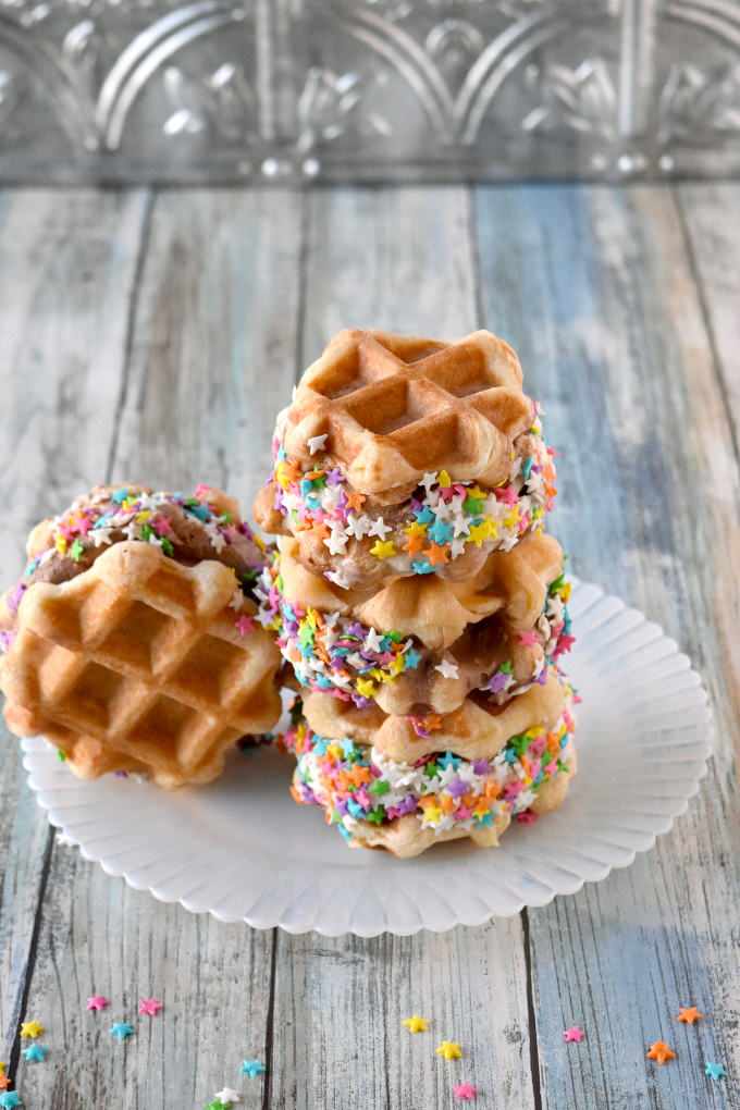 Liege style waffles are slightly sweet and hearty enough to make Ice Cream Waffle Sandwiches.  Fill them with your favorite ice cream for a delicious summer treat. #SummerDessertWeek
