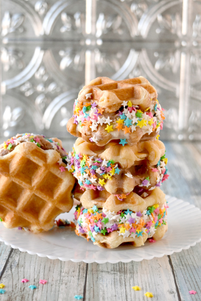 Liege style waffles are slightly sweet and hearty enough to make Ice Cream Waffle Sandwiches.  Fill them with your favorite ice cream for a delicious summer treat. #SummerDessertWeek