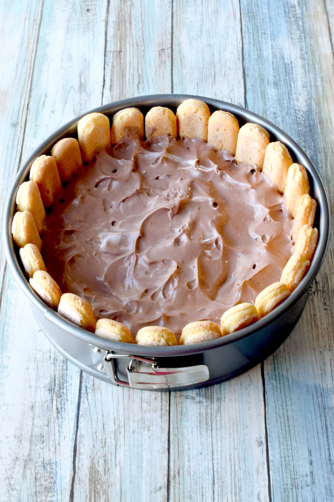 Peanut Butter and Chocolate Charlotte is a simple yet delicious no bake dessert. The lady fingers resemble sponge cake after melding with the peanut butter and chocolate mousse filling in the fridge. #SummerDessertWeek