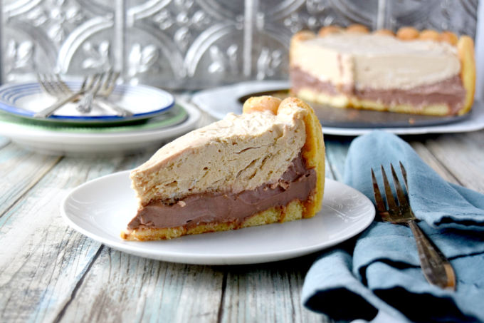Peanut Butter and Chocolate Charlotte is a simple yet delicious no bake dessert.  The lady fingers resemble sponge cake after melding with the peanut butter and chocolate mousse filling in the fridge.  #SummerDessertWeek