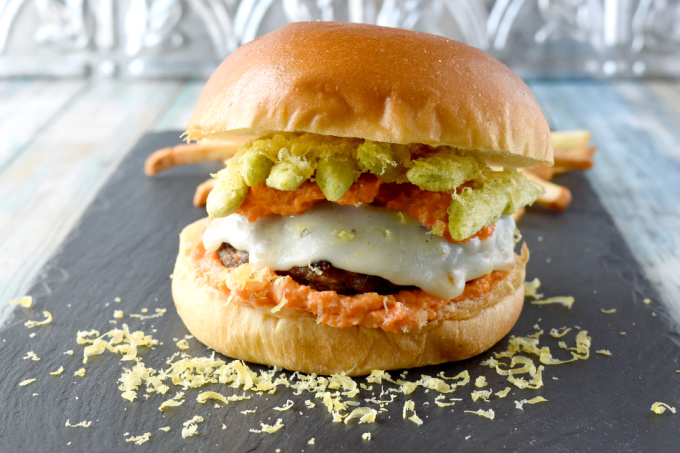 Rabbit Sausage Burger with Carrot Horseradish Aioli packs some serious flavors!  Inspired by a burger challenge, this is one stellar burger that tastes amazing. #OurFamilyTable