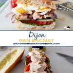 A delicious farmer’s market find tops this Dijon Pan Bangat sandwich. It’s rich, delicious, and packed with flavor. Perfect for picnics, pan bagnat need time to “marinate” before eating. #FarmersMarketWeek #FrenchFoodieFaves #DijonPanBagnatDelight #SavorySandwichSaturday #BreadInTheKitchen #GourmetLunchInspo