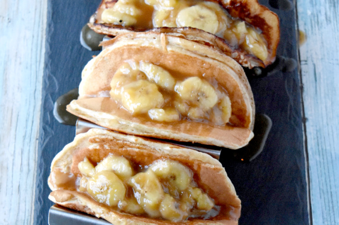 Using a protein rich pancake mix, these Pancake Tacos are full of flavor, energy, and delicious banana topping!  They're perfect for breakfast or an after school/work pick me up. #BacktoSchoolTreats