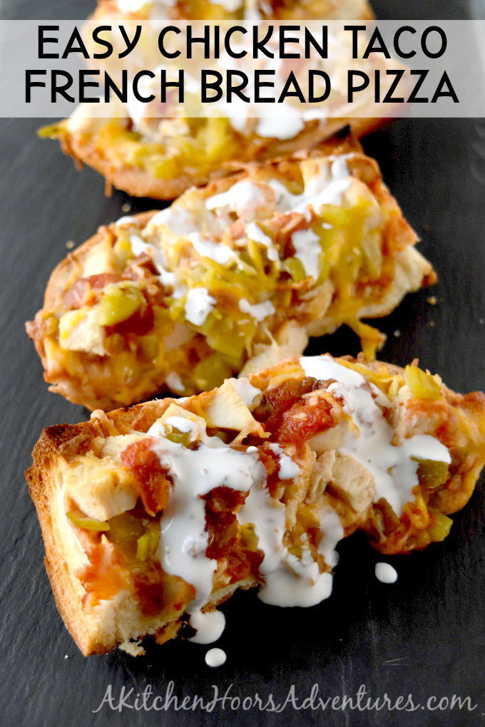 Rotisserie chicken, salsa, cheese, and a loaf of French bread make a quick and easy Chicken Taco French Bread Pizza.  It's on the table in under 30 for a fast and family friendly dinner. #OurFamilyTable