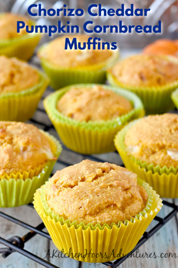 Chorizo Cheddar Pumpkin Cornbread Muffins are not only a mouthful to say, but they're a delicious mouthful for breakfast.  Slightly sweet, slightly spicy, with a kick of sharp Cheddar makes these muffins delicious. #PumpkinWeek