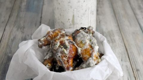 Kefir Marinated Air-Fryer Wings are marinated in a kefir and Buffalo sauce mixture which makes them tender with a delicious crispy caramelized skin. The homemade kefir ranch dressing takes it all over the top for a flavor explosion! #lifewaykefir #madewithlifeway #loveyourguts #lifewayrecipechallenge