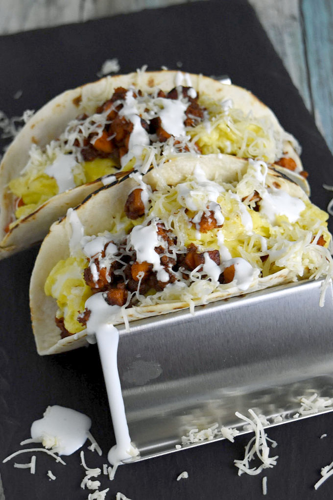 Chorizo and Sweet Potato Breakfast Tacos are not just for breakfast! They're easy to whip up at any time!  #NationalTacoDay
