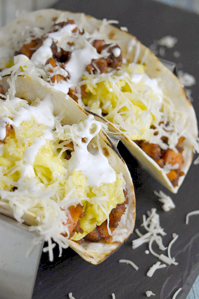 Chorizo and Sweet Potato Breakfast Tacos are not just for breakfast! They're easy to whip up at any time! #NationalTacoDay