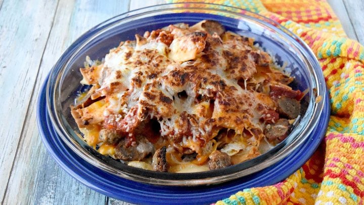 Italian Meatball Nachos are a delicious twist on your typical nachos.  These nachos are made super easy with frozen meatballs, jarred pizza sauce, and shredded mozzarella cheese. #OurFamilyTable