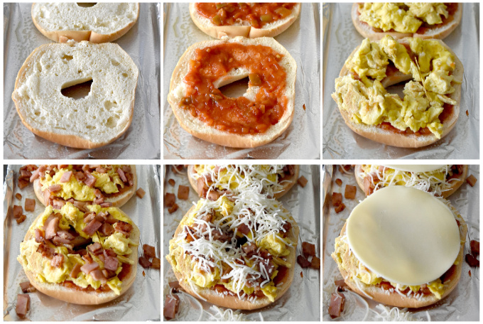 Breakfast Bagel Pizza is simple to make and tastes delicious!  Set up a toppings bar and let your family or guests top their own for a fun brunch breakfast. #OurFamilyTable