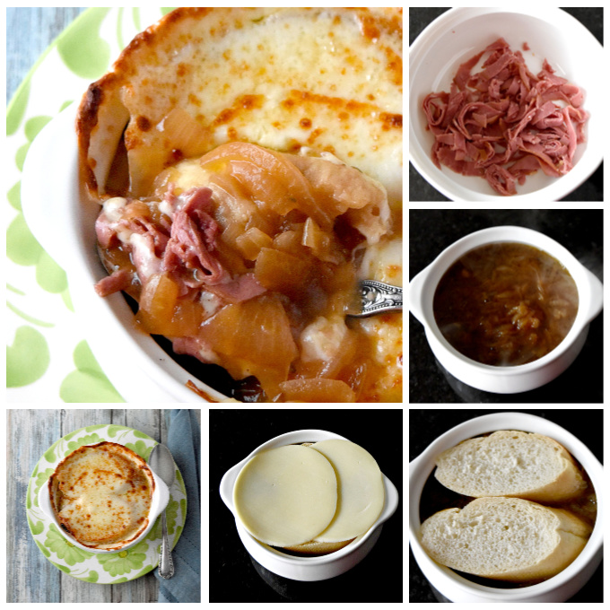Collage of French Dip French Onion Soup.