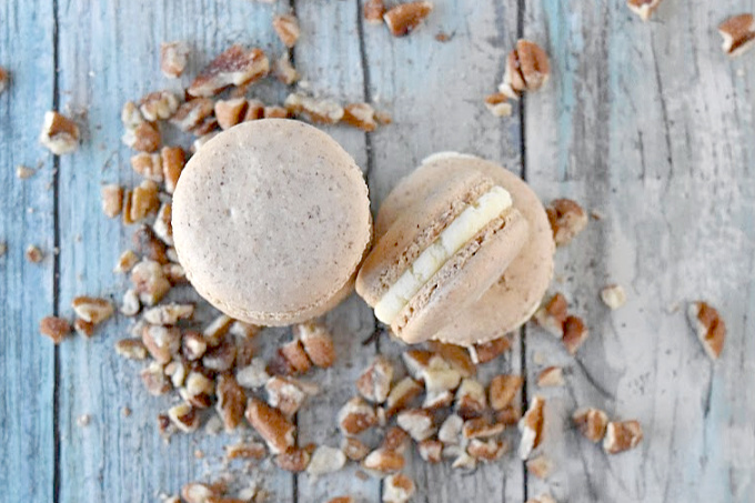 Butter Pecan Macaron have pecans in the shells and butter flavor in the buttercream. They were so good they VANISHED!! The intoxicating butter flavor with the sweet pecan shells are irresistible.
