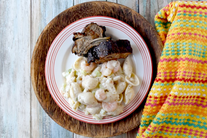 Shells and Shrimp Salad could be a side or a lunch.  It's a hearty pasta salad full of shells, shrimp, veggies, and flavor! #BBQWeek