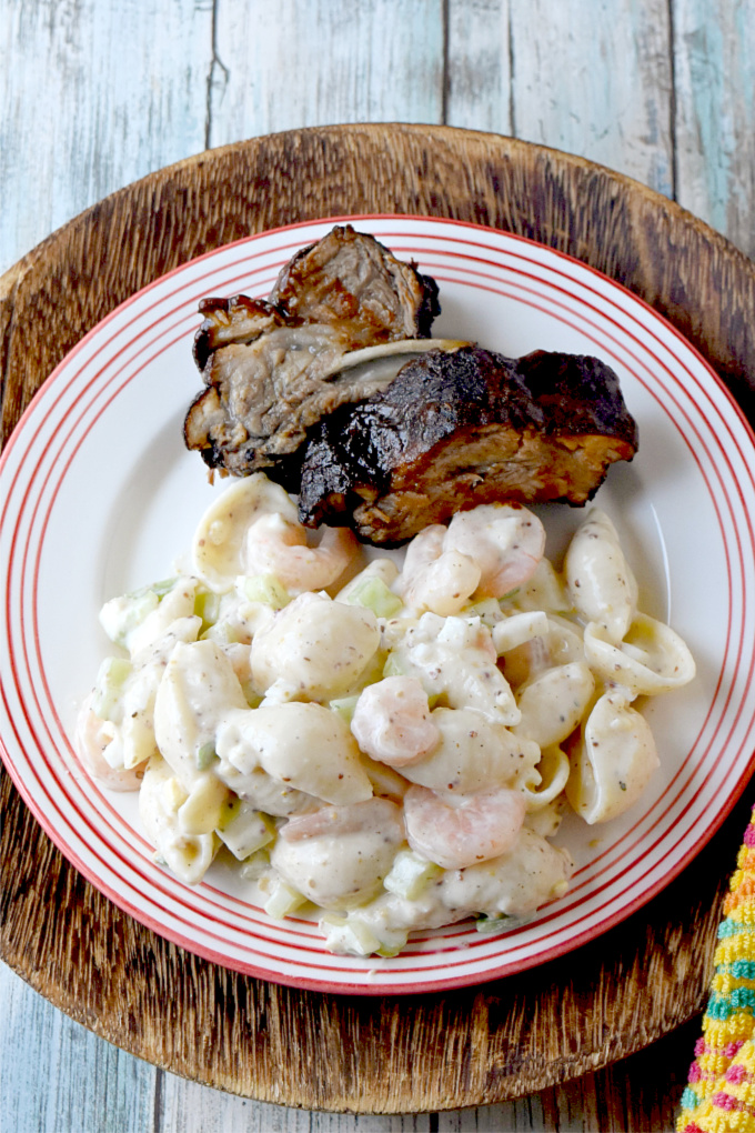 Shells and Shrimp Salad could be a side or a lunch.  It's a hearty pasta salad full of shells, shrimp, veggies, and flavor! #BBQWeek