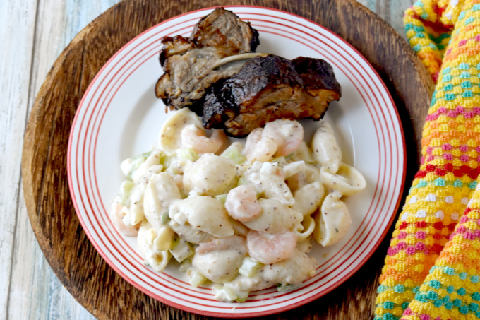 Shells and Shrimp Salad could be a side or a lunch.  It's a hearty pasta salad full of shells, shrimp, veggies, and flavor! #BBQWeek