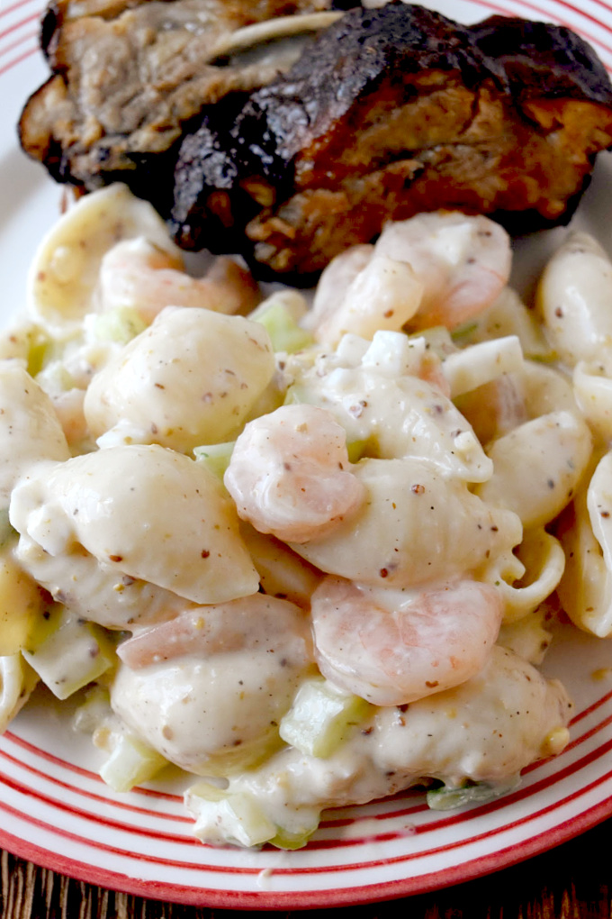 Shells and Shrimp Salad could be a side or a lunch.  It's a hearty pasta salad full of shells, shrimp, veggies, and flavor! #BBQWeek