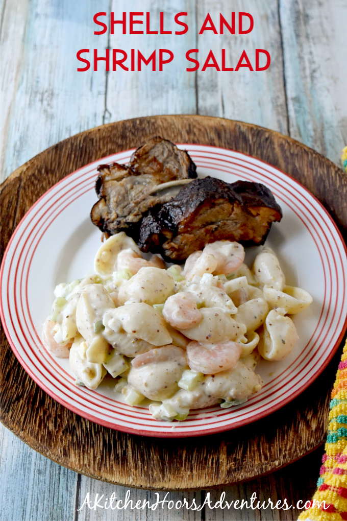 Shells and Shrimp Salad could be a side or a lunch.  It's a hearty pasta salad full of shells, shrimp, veggies, and flavor! #BBQWeek