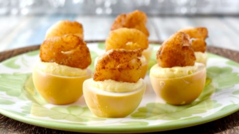 Smoked Chipotle Shrimp Deviled Eggs have smoked chipotle dusted shrimp and smoked eggs combined with mayonnaise and a delicious barbecue mustard sauce. These will FLY off the table at your next backyard barbecue. #BBQWeek